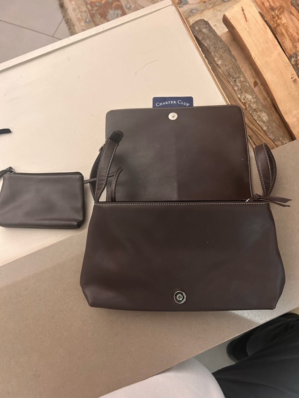 Charter Club Dark Brown Leather Bag Removable Pouch Just Gorgeous unisex .